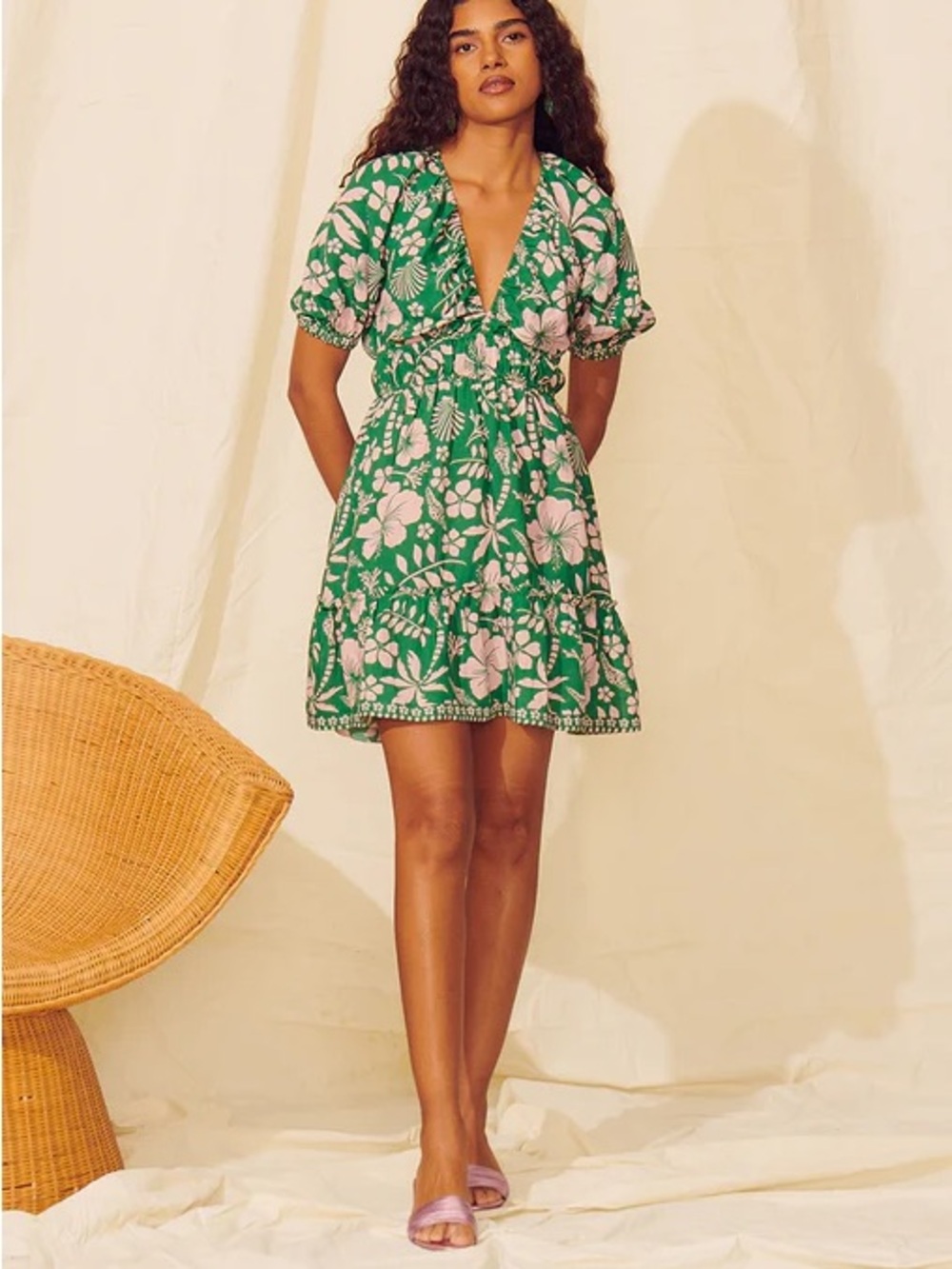 NEW Saylor Gracey Palm Mini Dress Pink Green Viscose Linen Size Medium